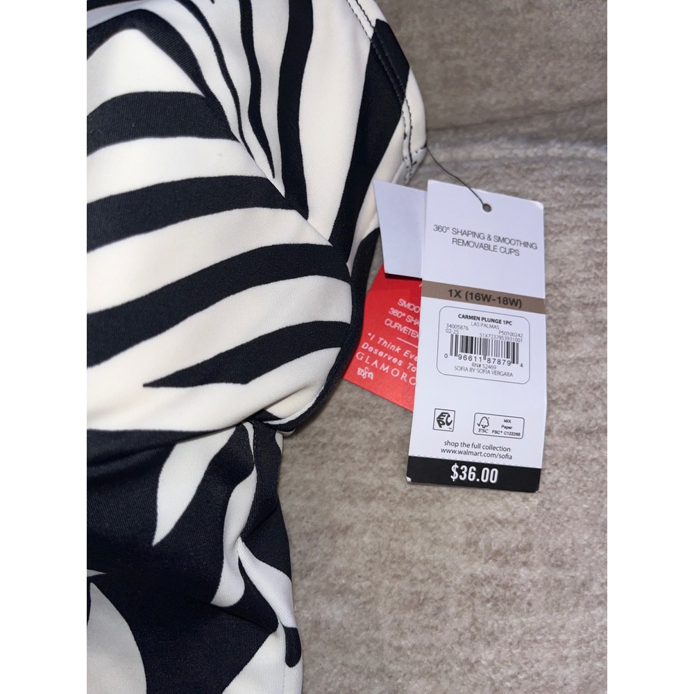 Sofia Vergara Carmen Plunge One Piece Swimsuit Black White Palm Print 1X NEW - Picture 3 of 5